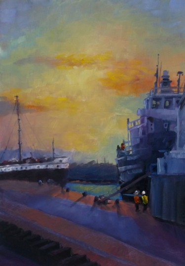 Painting titled "Dockside" by Lee Campbell, Original Artwork, Oil