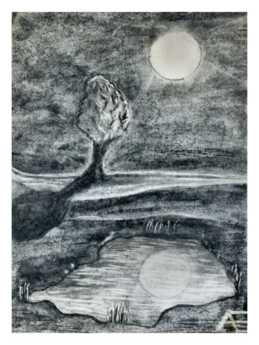 Drawing titled "Pond at Night (stud…" by Leendert Hendrik, Original Artwork, Charcoal