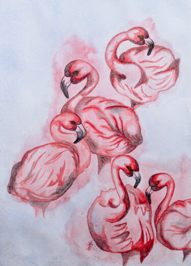 Painting titled "FLAMINGO - aquarell…" by Leetruka, Original Artwork, Watercolor Mounted on Cardboard