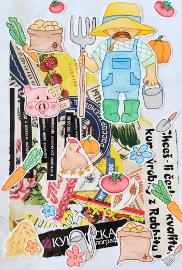 Collages titled "Farmer" by Leetruka, Original Artwork, Watercolor