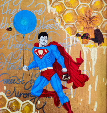 Painting titled "WinnieMan - superma…" by Leetruka, Original Artwork, Acrylic Mounted on Other rigid panel