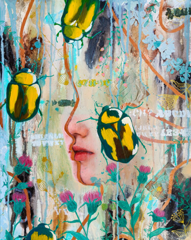 Peinture intitulée "Beetle - scarab - a…" par Leetruka, Œuvre d'art originale, Huile Monté sur Autre panneau rigide