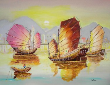 Peinture intitulée "Jonques à Hong Kong" par Jean Claude Lefeve, Œuvre d'art originale, Huile