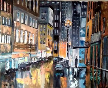Peinture intitulée "Une ville, la nuit,…" par Jean Claude Lefeve, Œuvre d'art originale, Huile