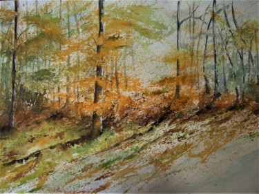 Painting titled "sous bois d'automne" by Le Fléchois, Original Artwork, Watercolor Mounted on Glass