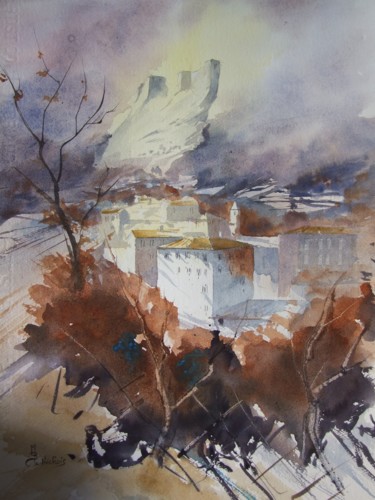 Painting titled "village de penne" by Le Fléchois, Original Artwork, Watercolor