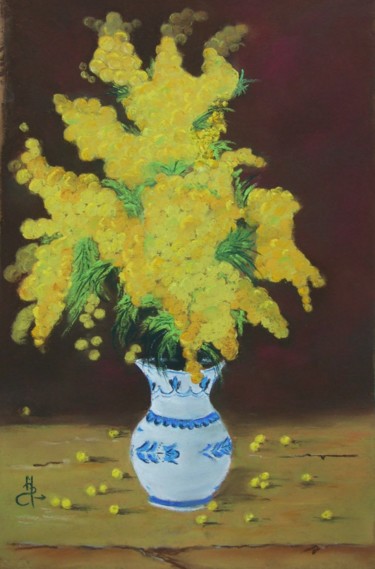 Peinture intitulée "le bouquet de mimosa" par Le Fléchois, Œuvre d'art originale, Pastel Monté sur Verre
