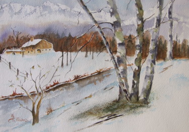 Painting titled "le repos de la neige" by Le Fléchois, Original Artwork, Watercolor Mounted on Wood Panel