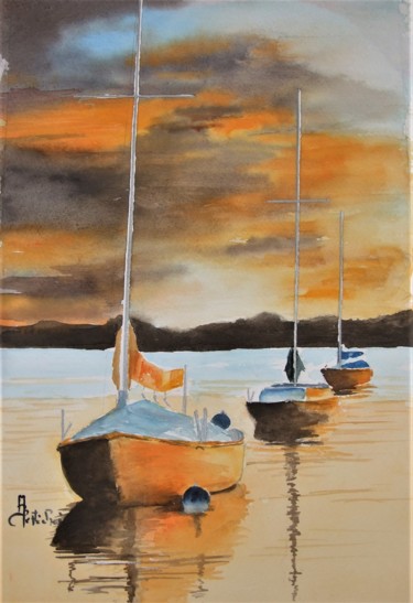 Peinture intitulée "au coucher de soleil" par Le Fléchois, Œuvre d'art originale, Aquarelle Monté sur artwork_cat.