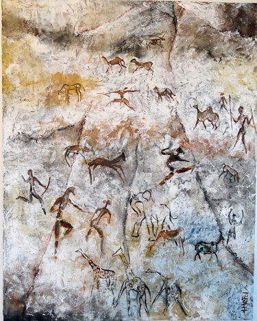 Malerei mit dem Titel "Mémoire rupestre" von Lefolhub, Original-Kunstwerk, Öl