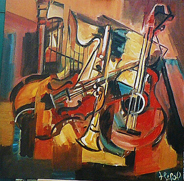 Peinture intitulée "Guitare et violon" par Lefolhub, Œuvre d'art originale, Huile