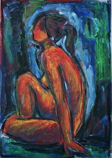 Painting titled "Nu assis sur fond b…" by Lefolhub, Original Artwork, Oil