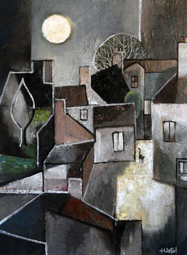 Malerei mit dem Titel "Mon village endormi" von Lefolhub, Original-Kunstwerk, Öl