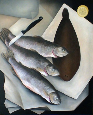 Painting titled "Truites et sole" by Lydie Le Gléhuir, Original Artwork