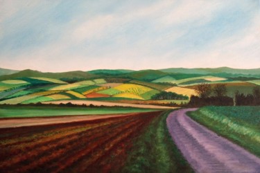 Painting titled "Collines normandes" by Lydie Le Gléhuir, Original Artwork, Oil Mounted on Wood Stretcher frame