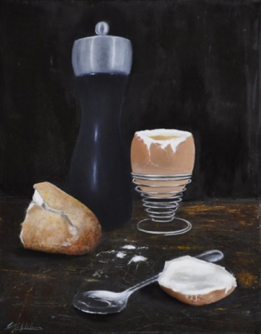 Painting titled "L'oeuf" by Lydie Le Gléhuir, Original Artwork, Oil Mounted on Wood Stretcher frame