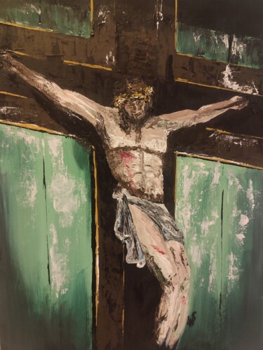 Schilderij getiteld "Le Christ de Sives" door Lehms, Origineel Kunstwerk, Acryl Gemonteerd op Karton