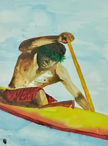 Peinture intitulée "Puissance du va'a" par Lehms, Œuvre d'art originale, Aquarelle