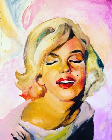 Painting titled "Bubblegum Marylin" by Leïla Issa Brahim, Original Artwork, Oil Mounted on Wood Stretcher frame