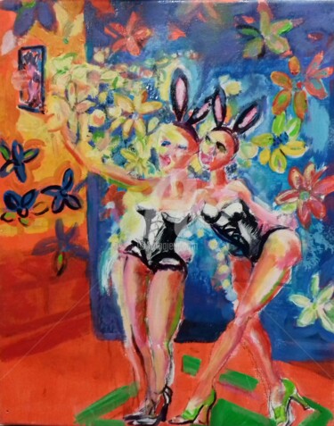 Painting titled "le selfie des bunni…" by Laurence Lejay, Original Artwork, Oil