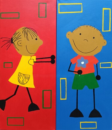 Schilderij getiteld "Sibling love" door Lejla Čurgóová, Origineel Kunstwerk, Acryl Gemonteerd op Frame voor houten brancard