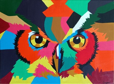 Painting titled "Owl" by Lejla Čurgóová, Original Artwork, Acrylic Mounted on Wood Stretcher frame