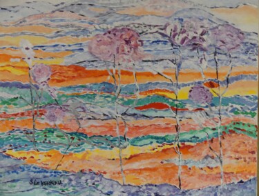 Peinture intitulée "Collines en fleurs" par Sylvie Le Kerneau, Œuvre d'art originale, Huile