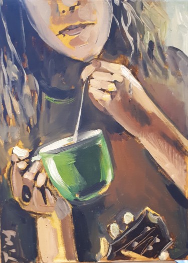 Sommerabend, Gitarre, Tee trinken Malerei mit dem Titel "Sommerabend, Gitarr…" von Tius, Original-Kunstwerk, Öl