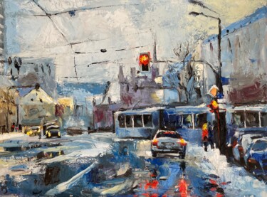 Schnee, Regen, Frühling, Stadt, Melancholie Malerei mit dem Titel "Schnee, Regen, Früh…" von Tius, Original-Kunstwerk, Öl