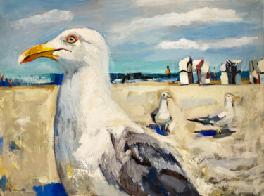 Schilderij getiteld "Strand, Möwe, Augen…" door Tius, Origineel Kunstwerk, Olie