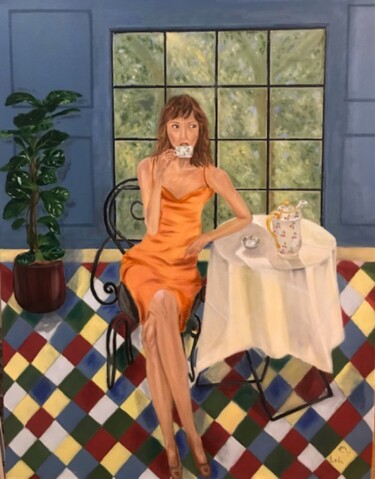 Parisian woman in cafe Pintura intitulada "Parisian woman in c…" por Lela Karamanishvili, Obras de arte originais, Óleo