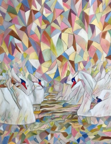 Painting titled "Swans" by Lela Karamanishvili, Original Artwork, Oil