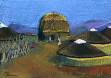 Картина под названием "Zulu Huts" - Lelia Sorokina, Подлинное произведение искусства