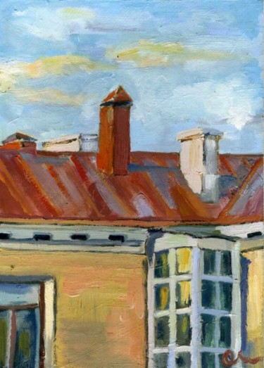 Картина под названием "Sunset Roof Top" - Lelia Sorokina, Подлинное произведение искусства