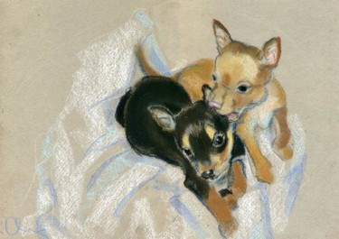 Картина под названием "Two Puppies" - Lelia Sorokina, Подлинное произведение искусства