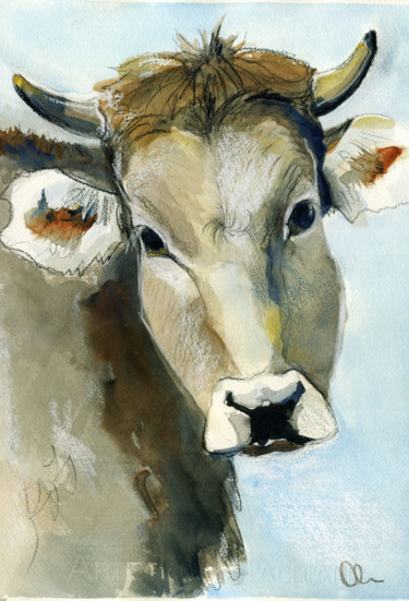 Painting titled "Cow # 3" by Lelia Sorokina, Original Artwork, Watercolor