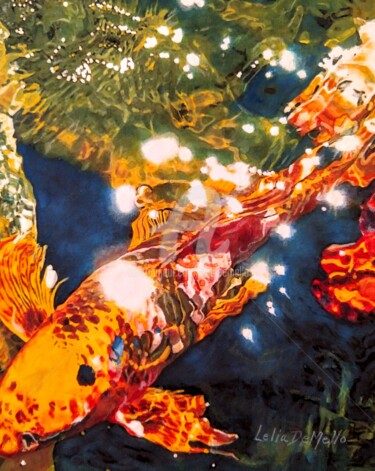Pittura intitolato "Sparkling Koi" da Lelia, Opera d'arte originale, Acquarello