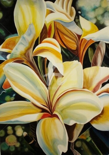 Peinture intitulée "Yellow Plumeria" par Lelia, Œuvre d'art originale