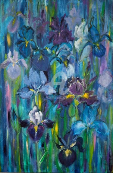 Painting titled "Irises. (Ирисы. Вес…" by Elena Berezhnaya Be Lena, Original Artwork, Oil Mounted on Cardboard
