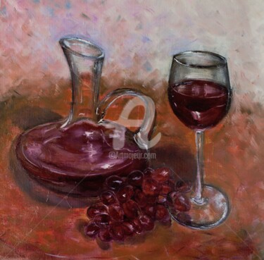Painting titled "Wine and grapes (Ви…" by Elena Berezhnaya Be Lena, Original Artwork, Oil Mounted on artwork_cat.
