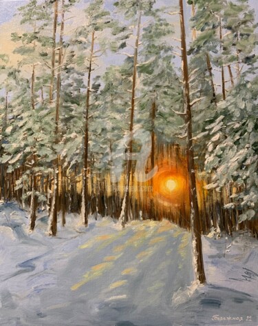 Painting titled "Winter sun (Зимнее…" by Elena Berezhnaya Be Lena, Original Artwork, Oil Mounted on Cardboard