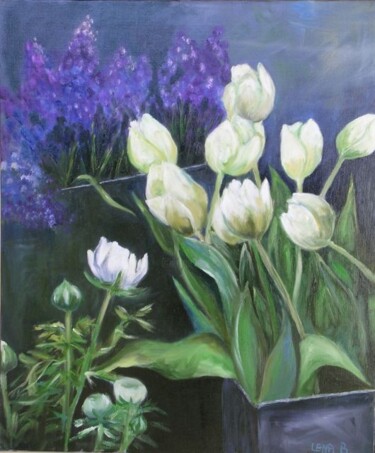 Painting titled "tulipes blanches et…" by Lena Bregeon, Original Artwork, Oil