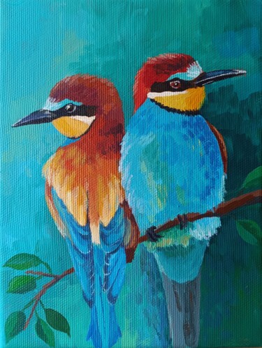 Картина под названием "Яркие птицы" - Лена Цимбалист, Подлинное произведение искусства, Акрил Установлен на Деревянная рама…