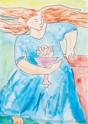 Peinture intitulée "A menina com a flor" par Lena Gal, Œuvre d'art originale, Aquarelle
