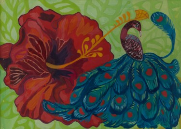 Pittura intitolato "Павлин и цветок гиб…" da Lena Garabova, Opera d'arte originale, Gouache