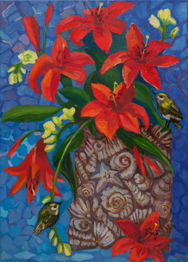 Картина под названием "Алые лилии и король…" - Lena Garabova, Подлинное произведение искусства, Масло