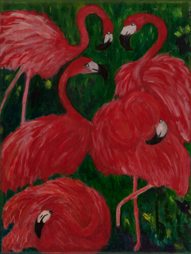 Painting titled "Красные фламинго" by Lena Garabova, Original Artwork, Oil