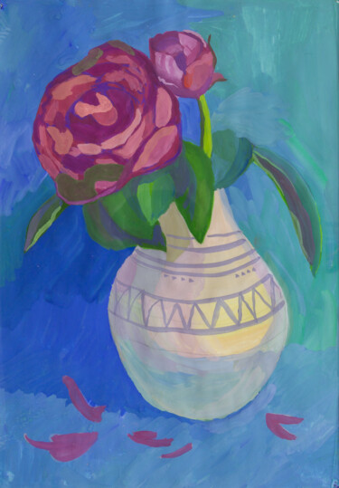 Картина под названием "Цветок пиона в вазе" - Lena Garabova, Подлинное произведение искусства, Гуашь