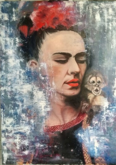 Painting titled "Фрида Кало" by Lena Kaskova (Lkas), Original Artwork, Oil Mounted on Wood Stretcher frame
