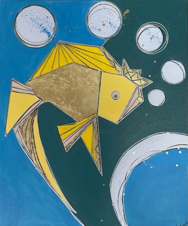 Painting titled "Golden Fish" by Lena Langer, Original Artwork, Acrylic